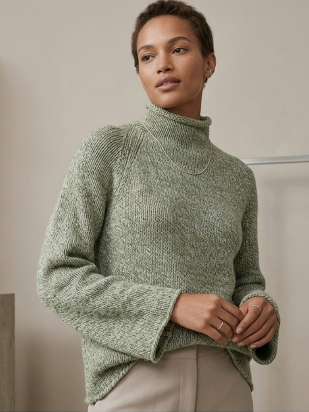 Margaret O’Leary Green Marled Cotton Mock Neck Sweater medium